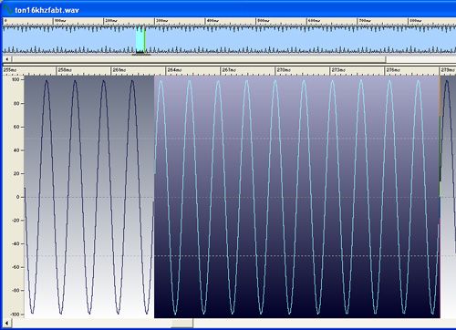 MG1: Abbildung 1: 10 Schwingungen der 16kHz-Datei sind ausgewaehlt